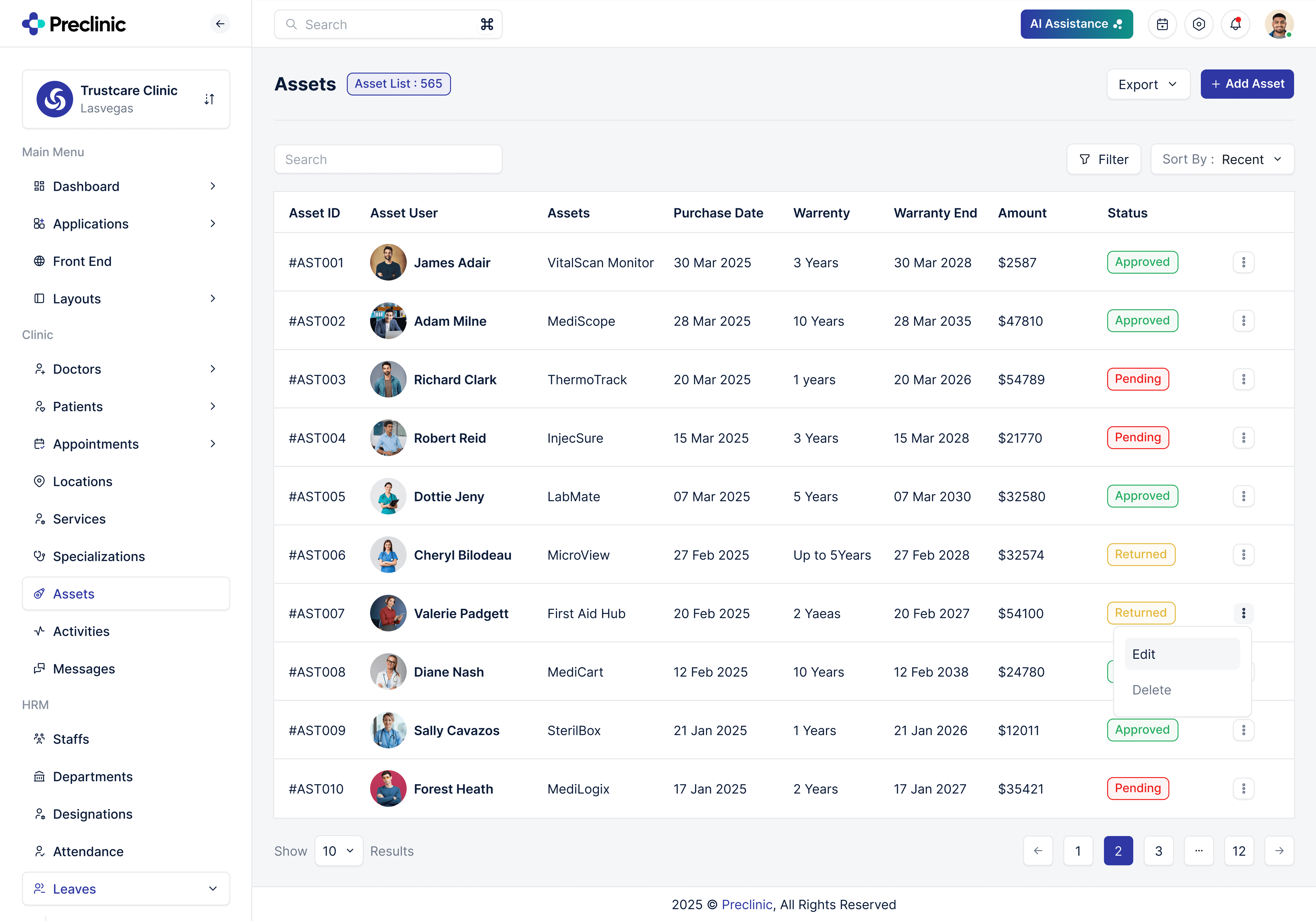 Preclinic – Medical & Healthcare Admin Dashboard UI